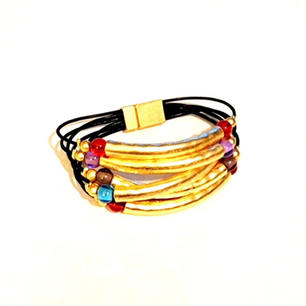 Black leather cord, Zamak metal gold tube beads bracelet. New